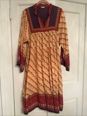 Matta NY Tan/Purple Long Sleeve Boho Dress with Burgundy & Purple Yoke